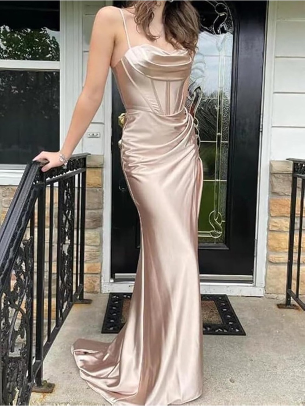 Ladavine by Cinderella Davine 7483 Satin Corset Gown Dress Prom Champagne Size 6 - Picture 3 of 13